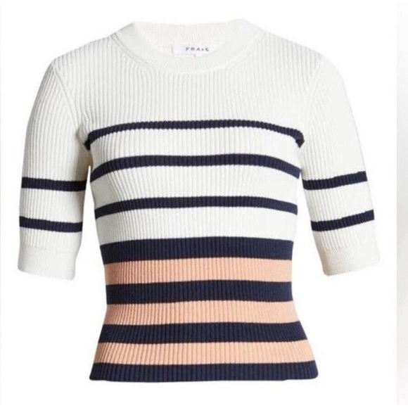 FRAME Denim Shrunken Rib Crew Short Sleeve Sweater in Pink Clay Multi size XS - Picture 10 of 12